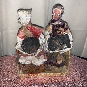 Vintage Older Village Man and Woman Carrying Molcajete and Stone In Paper Mache